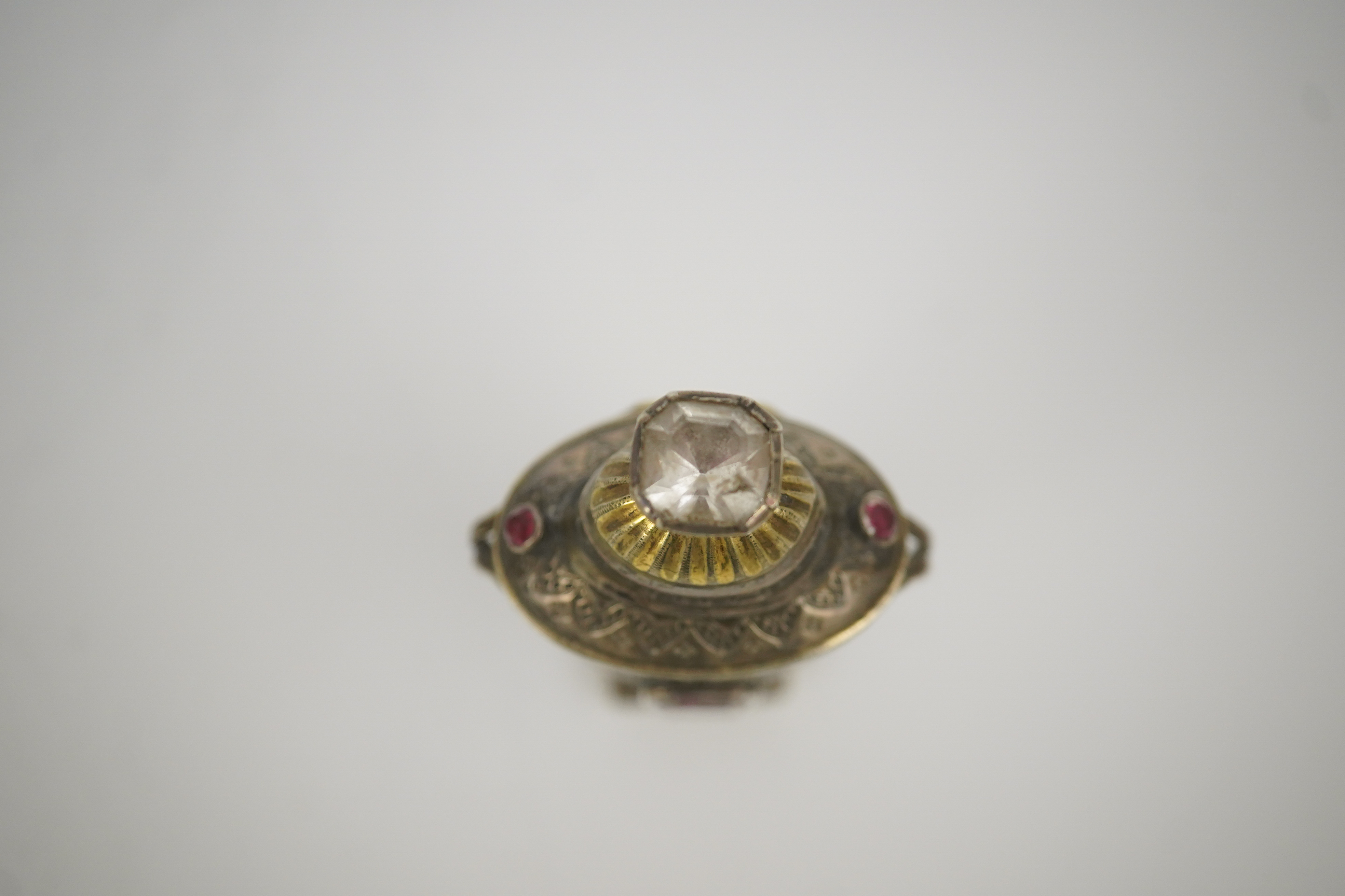 A 19th century continental parcel gilt silver and gem set double ended pill box, modelled as a two handle vase